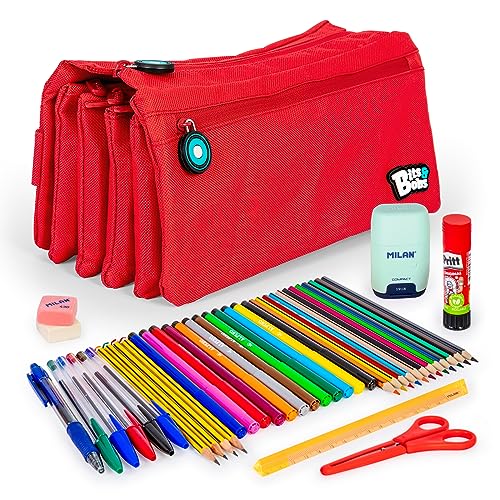 ColePack - Set aus Vierfach-Schulmappe mit 4 Reißverschlüssen und Schulbedarf der Top-Marken Enthalten (Rot) von ColePack