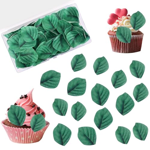 100 Pcs Essbare Cupcake Topper, Kuchen Dekoration,Essbare Grüne Blätter für Torte,Dschungel Tortendeko,Grüne Blätter aus Klebreis-Oblatenpapier, Cupcake Topper für Geburtstag Hochzeit Babyparty von Colexy