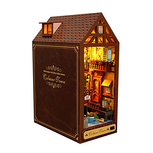 Colexy 3D Puzzle Puppenhaus Kit, Holz Buchstützen DIY Book Nook mit LED-Licht, Bücherregal Deko Ornamente Bücherstand Miniatur Dollhouse Modellbausätze für Jugendliche Erwachsene zum Bauen (B) von Colexy