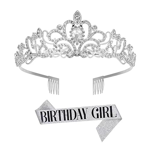 Colexy Kronenkristall Tiara Geburtstagskrone Schärpe, Strass Geburtstag Krone Tiara, Geburtstag Tiara Crown Mädchen Geburtstag Silber Birthday Girl Schärpe, für Partyzubehör Dekorationen Geburtstag von Colexy