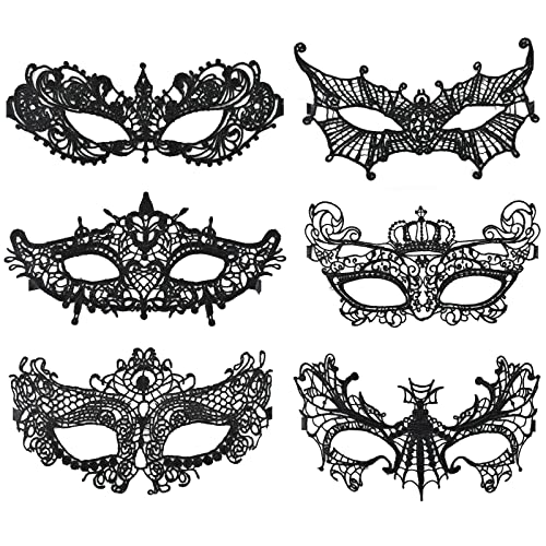Spitze Maske Sexy Lace Augenmaske 6 Stück Venezianische Maske Damen Lace Maske Schwarz Augenmaske für Fasching Maskerade Masquerade Halloween Karneval Cosplay Party Kostüm Ball Gothic Gesichtsmaske von Colexy