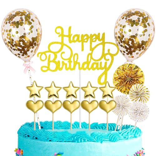 Torten Deko 17 Pcs Geburtstag Cake Topper Happy Birthday, Kuchen Sterne Alles Gute zum Geburtstag, für Mädchen Jungen Frauen Mann (Gold) von Colexy
