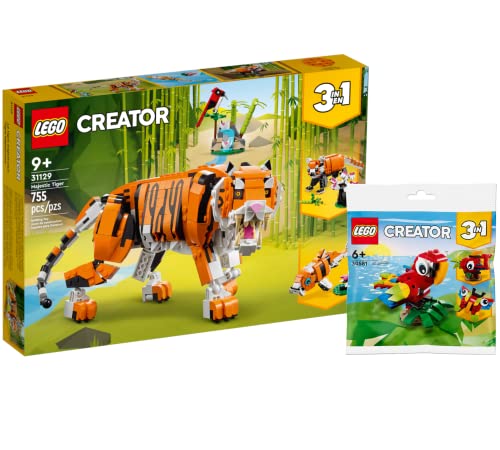 Lego Creator 3-in-1 Set: Majestätischer Tiger 31129 + Tropischer Papagei 30581(Polybag), für Kinder ab 9 Jahren von Collectix