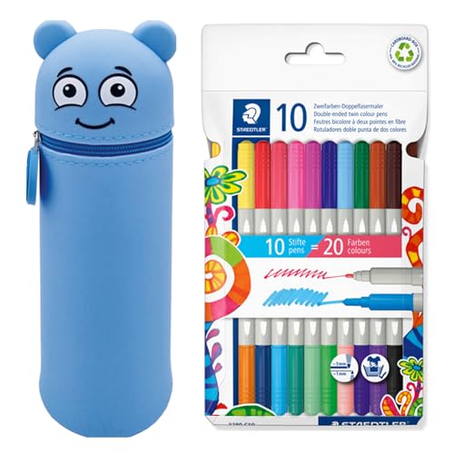 MARKY Federmäppchen im Emoji-Design in Blau, weiches und strapazierfähiges Silikon, inkl. 10 STAEDTLER Doppelfasermaler twin color, zwei Spitzen mit zwei Farben, Linienbreiten 3 mm und 1 mm von Colop