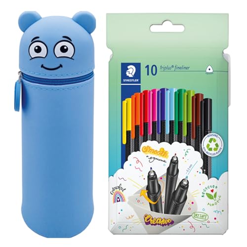MARKY Federmäppchen im Emoji-Design in Blau, weiches und strapazierfähiges Silikon, inkl. 10 STAEDTLER triplus Fineliner 334, dreikant, superfeine Spitze, ca. 0.3 mm, aus 97% Rezyklat von Colop