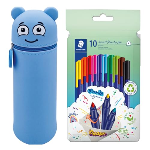 MARKY Federmäppchen im Emoji-Design in Blau, weiches und strapazierfähiges Silikon, inkl. 10 STAEDTLER triplus color Filzstifte 323, dreikant, eindrucksichere Spitze, ca. 1 mm, 97% Rezyklat von Colop