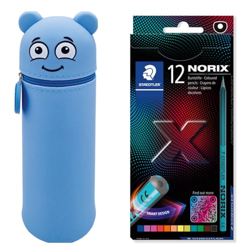 MARKY Federmäppchen im Emoji-Design in Blau, weiches und strapazierfähiges Silikon, inkl. 12 STAEDTLER Buntstifte NORIX 186, einzigartige Form, Made form Upcycled Wood von Colop