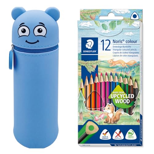 MARKY Federmäppchen im Emoji-Design in Blau, weiches und strapazierfähiges Silikon, inkl. 12 STAEDTLER Buntstifte Noris colour 187, ergonomisches Dreikantformat, Made form Upcycled Wood von Colop