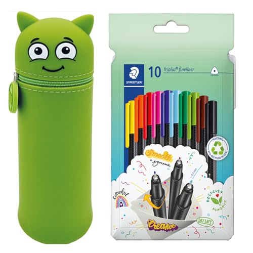 MARKY Federmäppchen im Emoji-Design in Grün, weiches und strapazierfähiges Silikon, inkl. 10 STAEDTLER triplus Fineliner 334, dreikant, superfeine Spitze, ca. 0.3 mm, aus 97% Rezyklat von Colop