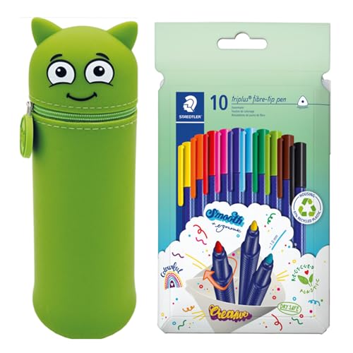 MARKY Federmäppchen im Emoji-Design in Grün, weiches und strapazierfähiges Silikon, inkl. 10 STAEDTLER triplus color Filzstifte 323, dreikant, eindrucksichere Spitze, ca. 1 mm, 97% Rezyklat MARKY Federmäppchen im Emoji-Design in Grün, weiches und strapazierfähiges Silikon, inkl. 10 STAEDTLER triplus color Filzstifte 323, dreikant, eindrucksichere Spitze, ca. 1 mm, 97% Rezyklat von Colop