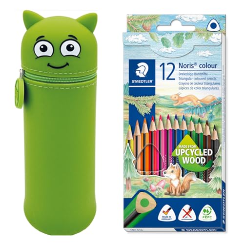 MARKY Federmäppchen im Emoji-Design in Grün, weiches und strapazierfähiges Silikon, inkl. 12 STAEDTLER Buntstifte Noris colour 187, ergonomisches Dreikantformat, Made form Upcycled Wood von Colop