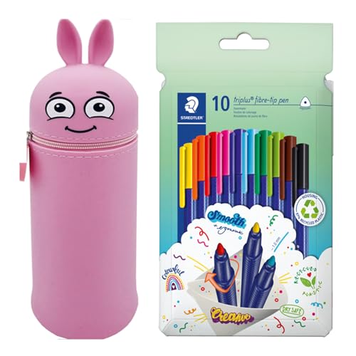 MARKY Federmäppchen im Emoji-Design in Rosa, weiches und strapazierfähiges Silikon, inkl. 10 STAEDTLER triplus color Filzstifte 323, dreikant, eindrucksichere Spitze, ca. 1 mm, 97% Rezyklat von Colop