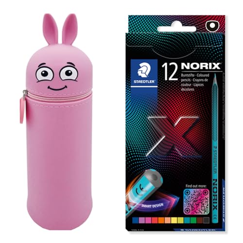 MARKY Federmäppchen im Emoji-Design in Rosa, weiches und strapazierfähiges Silikon, inkl. 12 STAEDTLER Buntstifte NORIX 186, einzigartige Form, Made form Upcycled Wood von Colop