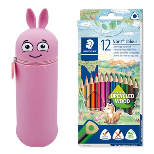 MARKY Federmäppchen im Emoji-Design in Rosa, weiches und strapazierfähiges Silikon, inkl. 12 STAEDTLER Buntstifte Noris colour 187, ergonomisches Dreikantformat, Made form Upcycled Wood von Colop