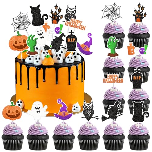 Colorich 48 Stück Tortendeko Halloween Deko Kuchen Cupcake Topper, Happy Halloween Tortendeko Glitzer Gruselig Muffin Deko für Halloweenparty Horror Themed Party von Colorich ㅤ