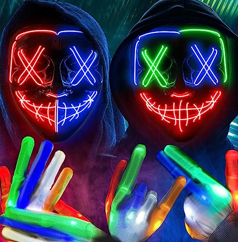 Colplay 2 STÜCK LED Halloween Maske Leuchtende Handschuhe-Set, Mehrere Leuchtmodi Maske Kostüm, Halloween Kostüm Herren Kinder Jungen Teenager von Colplay