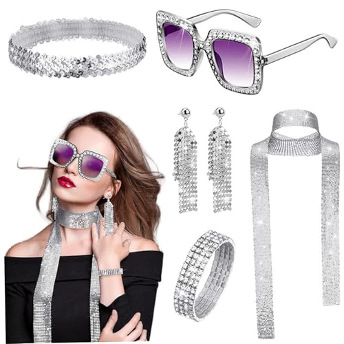 70s Outfits für Frauen, 5pcs Pailletten Disco Kostüm Frauen, Plastik -Disco -Outfit umfasst Schalohrringe Sonnenbranband und Stirnband für die Halloween -Geburtstagstanzparty, Outfit Woman 70s Outfits für Frauen, 5pcs Pailletten Disco Kostüm Frauen, Plastik -Disco -Outfit umfasst Schalohrringe Sonnenbranband und Stirnband für die Halloween -Geburtstagstanzparty, Outfit Woman von Comebachome