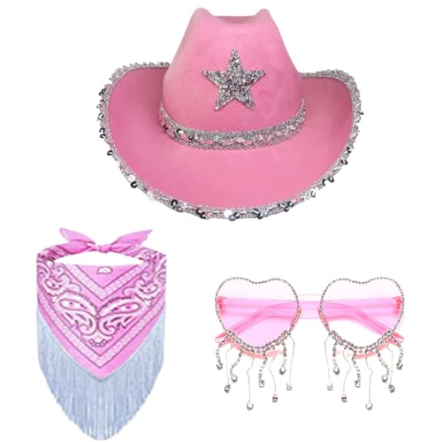 Comebachome Cowgirl-Kostüminnen Frauen, westlicher Cowgirl-Hut mit Bandana ＆ Herzförmige, breites Kremp-Cowboy-Kostüm für Party von Comebachome
