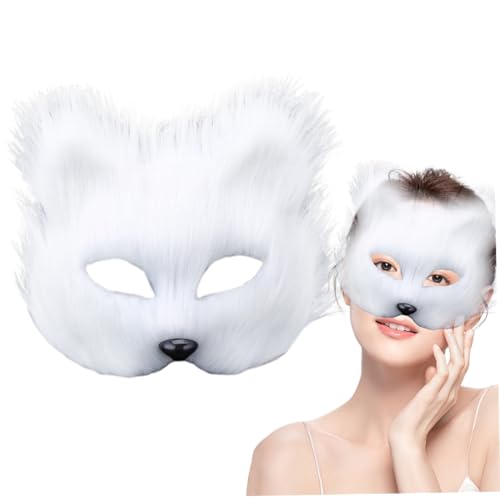 Comebachome Fell Therian Masken, pelzige Halbgesichts-Fuchsmaske, atmungsaktive therianische Wolfsmaske für Halloween-Cosplay-Party (weiß) von Comebachome