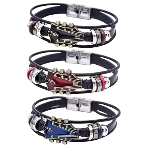 Comebachome Gitarrenarmband für Männer 3PCS Schwarz, rotes und blaues Lederarmband für Männer mit Legiergitarrenkopf verstellbar geflochten von Comebachome