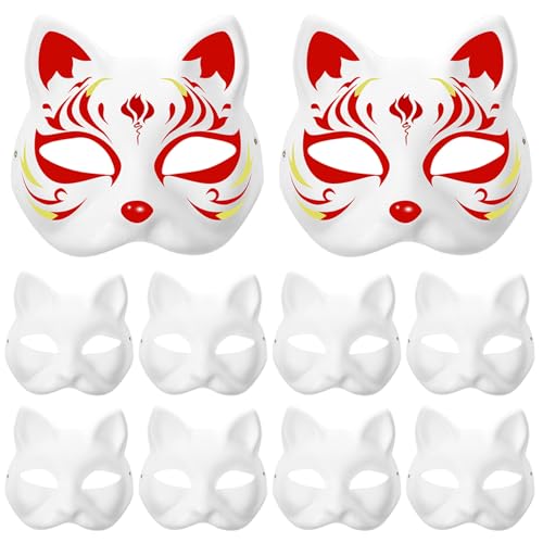 Comebachome Papierkatze Maske, 10pcs DIY -Farbkatze Masken, weiße Katzenmaske Therian, handbemalte Maskerade -Gesichtsmaske für Erwachsene Kinder von Comebachome