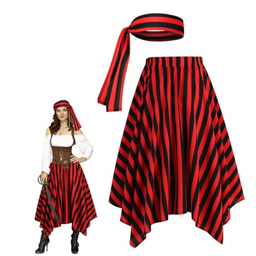Comebachome Piratenkleid und Kopfschal, rote und schwarze Streifen Piratenrock mit elastischem Bund für Frauen Halloween Kostüm, S, Kopfschal, Kleid Comebachome Piratenkleid und Kopfschal, rote und schwarze Streifen Piratenrock mit elastischem Bund für Frauen Halloween Kostüm, S, Kopfschal, Kleid von Comebachome