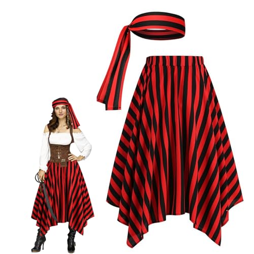 Comebachome Piratenkleid und Kopfschal, rote und schwarze Streifen Piratenrock mit elastischen Bund für Frauen Halloween Kostüm, L, Kopfschal, Kleid von Comebachome