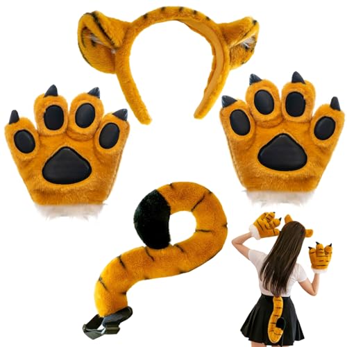Comebachome Tigerkostüm für Kinder umfasst weiche flauschige Tigerschwanzohren Stirnband- und Pfotenhandschuhe, Tierkostüme für Kinder Halloween Cosplay -Geburtstagsthema, Ohren, Schwanz von Comebachome