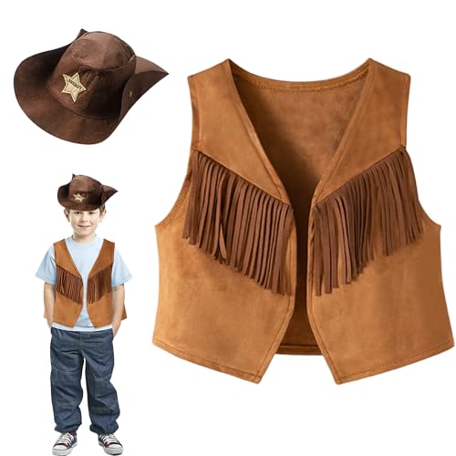 Cowboy -Kostüm für Jungen, 2PCS Kids Cowboy Qualled Weste mit Hut, Western Jungen Kostüm für Halloween -Cosplay (Größe 150) von Comebachome