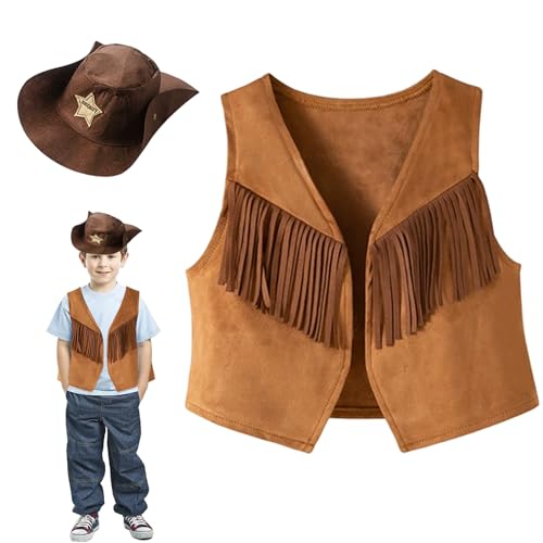 Cowboy -Kostüm für Jungen, 2PCS Kids Cowboy Quastenweste mit Hut, Western Jungen Kostüm für Halloween -Cosplay (Größe 160) von Comebachome