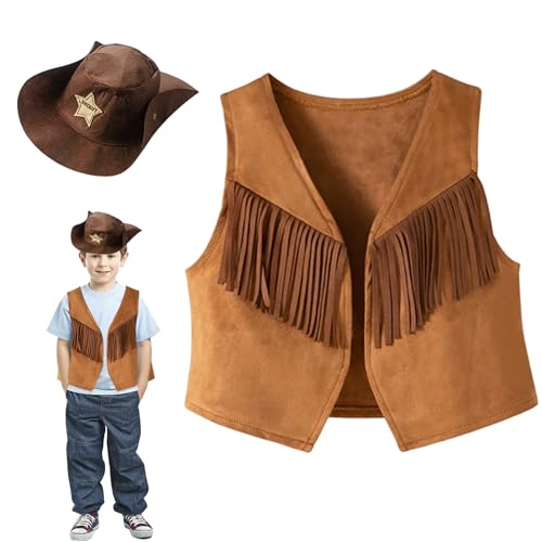 Cowboy -Kostüm für Jungen, 2PCS Kids Cowboy Quastenweste mit Hut, Western Jungen Kostüm für Halloween Cosplay (Größe 170) von Comebachome