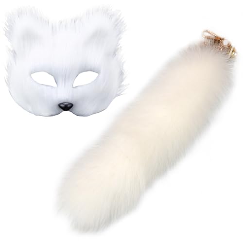 Fox -Maske mit Fox Tail -Set, 2pcs Faux -Fur -Therian -Maske mit Heckschlüsselketten, Pelzwolf -Masken -Kit für Halloween -Cosplay von Comebachome