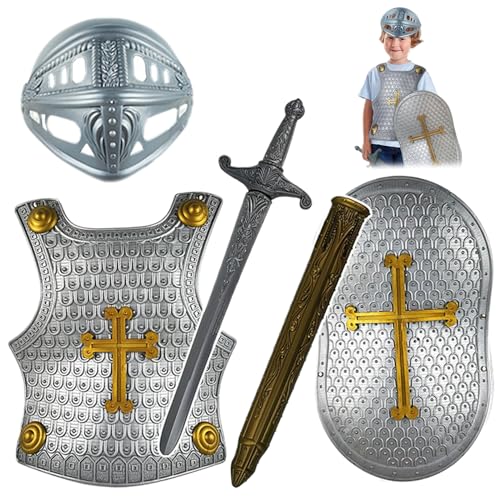 Knight Costume Kids 4pcs/Set Cross Muster mittelalterliche Ritterpanzerung umfasst Helm, Schild, Schwert und Kinder kleiden Kostüme für Rollenspiele, Cosplay, Halloween, Mittelalter, Cos von Comebachome
