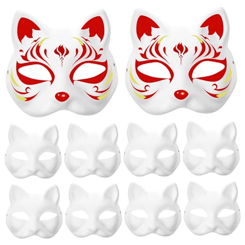 Therian Mask 10pcs Blank Cat Masken, Farbe Paper Fox Maske, DIY halb weiße Masquerade mit Elastic Band für Halloween -Cosplay -Masken Kostümparty -Gefälligkeiten, Fox von Comebachome