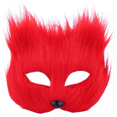 Therian Maske, Kunstfell Therian Masken, Halbgesicht Katzenmaske, pelzige Wolfsmaske, Maskerade -Maske für Frauen Halloween Party Cosplay -Kostüme Requisiten (rot) von Comebachome