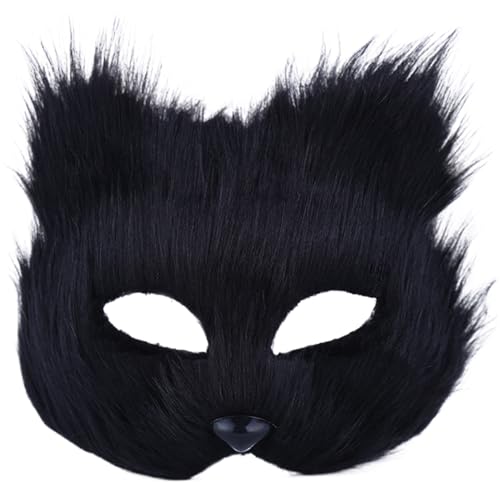 Therian Maske, Kunstfell Therian Masken, Halbgesicht Katzenmaske, pelzige Wolfsmaske, Maskerade -Maske für Frauen Halloween Party Cosplay -Kostüme Requisiten (schwarz) von Comebachome