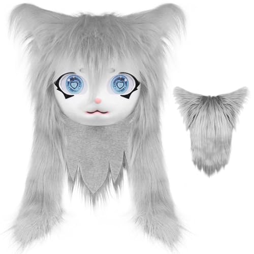 Therian Maske, Pursuit Head Basis mit großen Augen, Ohren und langen Haaren, pelzige Maskenköpfe für Halloween -Maskerade -Cosplay (grau) von Comebachome