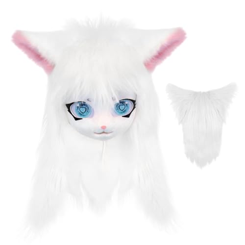Therian Maske, Pursuit Head Basis mit großen Augen, Ohren und langen Haaren, pelzige Maskenköpfe für Halloween Maskerade Cosplay (weiß) von Comebachome