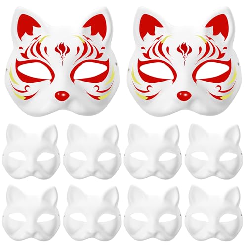 Therian Maske 10pcs Blank Cat Masken, Farbe Paper Fox Maske, DIY halb weiße Maskerade mit Elastic Band für Halloween -Cosplay -Masken Kostümparty -Gefälligkeiten von Comebachome