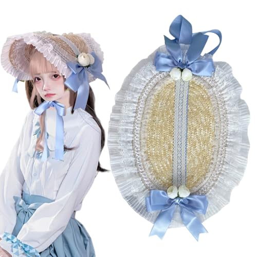 Viktorianische Hüte für Frauen, verstellbare viktorianische Motorhaube mit blauen Bögen und weißes Spitzendekor, Lolita -Hut mit Riemen für Tee -Party -Kostüm, Renaissance -Hut, Hüte für Frauen von Comebachome