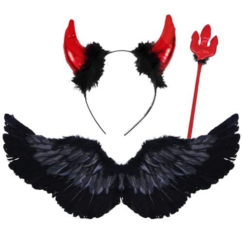 Dämonflügel mit Heiligenschein Set,Halloween Flügel aus Federn mit Zauberstab,Gefallenes Engel Accessoire für Kostümparty Erwachsene und Mädchen Weihnachten Kindertag Fotoshootings Auftritte Cosplay Dämonflügel mit Heiligenschein Set,Halloween Flügel aus Federn mit Zauberstab,Gefallenes Engel Accessoire für Kostümparty Erwachsene und Mädchen Weihnachten Kindertag Fotoshootings Auftritte Cosplay von Comforso