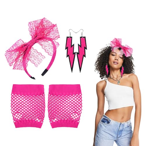 80er Jahre Kostüm Sets, 80er Jahre Retro Party Kostüm Set, 80er Jahre Accessoires, Netzhandschuhe 80er, Netzhandschuhe Neon, 90s Haarschmuck, 80er Assesoires Damen, Pinke Netzhandschuhe (Rose Rot) von Comioke