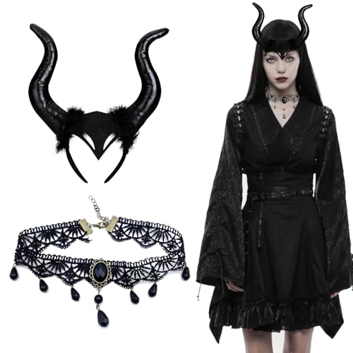 Halloween-Kostüm für Damen, Halloween-Kostüm, Halloween Kostüm Damen Königin Hörner Helm Cosplay, Teufel, Damen, Haarreif, Teufel, Haarreif, Damen, Horn, Teufel, mit Halskette und Armband von Comioke