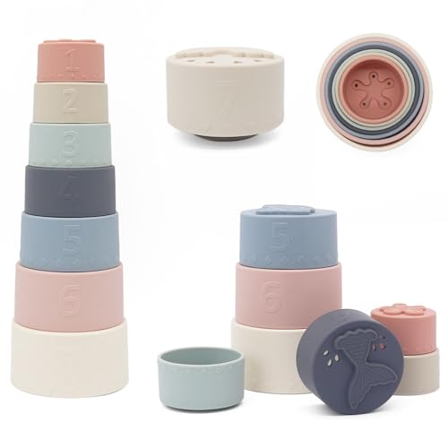 Comioke Stapelturm, Stapelbecher, Stapelspielzeug mit 7 Bechern, Stapelturm Baby, Stacking Cups, Stapelbecher Baby Spielzeug, Stapelbecher Spielzeug, Stapelwürfel von Comioke