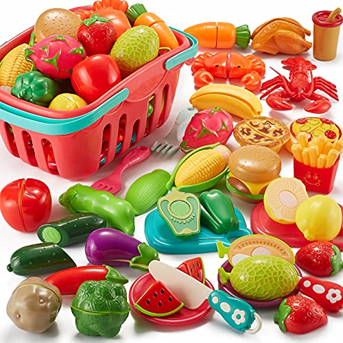 Comirth Zubehör Kinderküche Lebensmittelkorbspielzeug - 61-teiliges Schneidelebensmittel-Set für Kinder Spielzeugküchenzubehör mit Obst, Gemüse und Geschirr für Kleinkinder, Mädchen und Jungen von Comirth