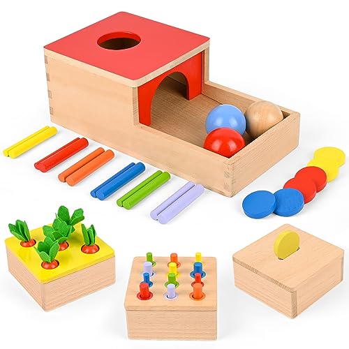 Comius Sharp Holzspielzeug, 4 in 1 Montessori Spielzeug, Motor Skills Spielzeug für Jungen und Mädchen, Thema für Object Permanence Box, Münzbox, Karottenernte, Colour Matching Sticks, Ball Drop von Comius Sharp