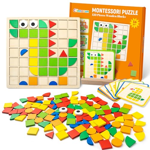 Tangram Kinder, Commodum Geometrische Formen Holzpuzzles, Kinder Puzzle mit Holz klötzen, Montessori Spielzeug Puzzle mit 120 geometrischen Formen, 20 Designkarten, Pädagogisches Spielzeug Kinder 3+ von Commodum