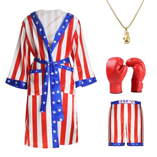 Herren-Boxkostüm für Erwachsene, Satin, amerikanische Flagge, Boxkostüm mit Robe, Halskette, Boxhandschuhen und Shorts, Rot/Ausflug, einfarbig (Getaway Solids), Einheitsgr��e von Comnfgl
