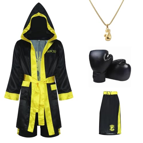 Herren-Boxkostüm für Erwachsene, Satin, amerikanische Flagge, Boxkostüm mit Robe, Halskette, Boxhandschuhen und Shorts, Schwarz, Einheitsgr��e Herren-Boxkostüm für Erwachsene, Satin, amerikanische Flagge, Boxkostüm mit Robe, Halskette, Boxhandschuhen und Shorts, Schwarz, Einheitsgr��e von Comnfgl