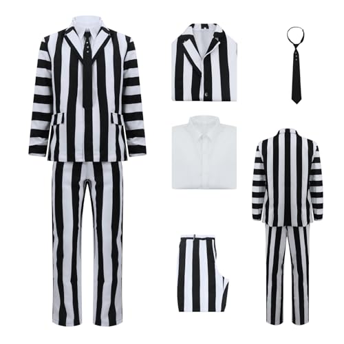 Beteigeuse Cosplay-Kostüm für Herren, schwarz-weiß gestreifter Anzug, Horrorfilm, Halloween, gruseliges Geister-Outfit, Größe 3XL Beteigeuse Cosplay-Kostüm für Herren, schwarz-weiß gestreifter Anzug, Horrorfilm, Halloween, gruseliges Geister-Outfit, Größe 3XL von Comnfgl